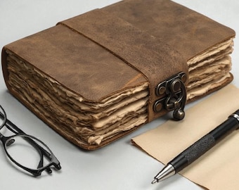 Handmade Leather Journal, 200 Deckle-Edge Pages, Custom Engraving