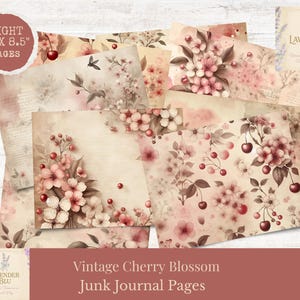 Kit de diario basura vintage con flores de cerezo: páginas botánicas imprimibles, papel cerezo descolorido, tamaño carta (EE. UU.), efímera digital para diarios basura