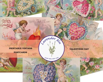 Printable Vintage Postcards Valentines Day. Collage Sheet. Journal Cards