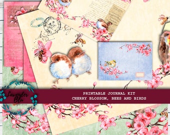 Junk Journal Kit | Cherry Blossom, Bees and Birds | Printable Journal Pages | Ephemera | Digital Paper