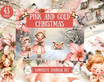Pink and Gold Christmas Junk Journal Kit, Vintage Ephemera (Digital Download)