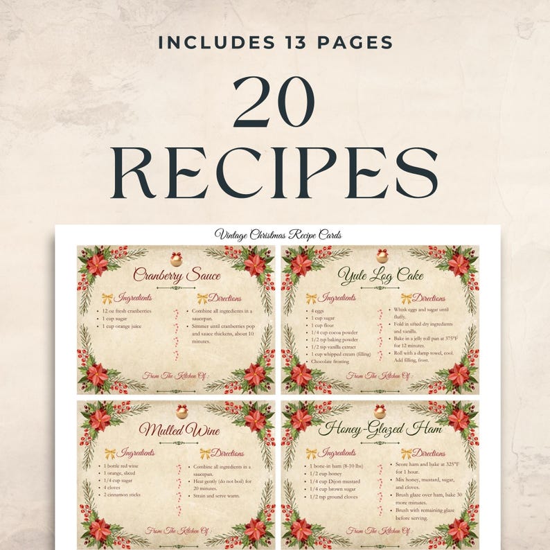 Christmas Recipes Junk Journal Kit - Printable Recipe Cards for Holiday Crafting - Digital Download Supplies