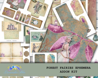 May include: A collection of ephemera featuring fairy illustrations, including tags, envelopes, and stationery. The designs incorporate watercolor elements, with a color palette of teal, purple, and gold. The text "Forest Fairies Ephemera Addon Kit" is visible.