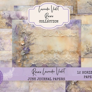 Junk Journal Kit lavendel violet rococo vintage kant ephemera collage vellen bloem paars digitaal papier scrapbooking bloemen pagina's