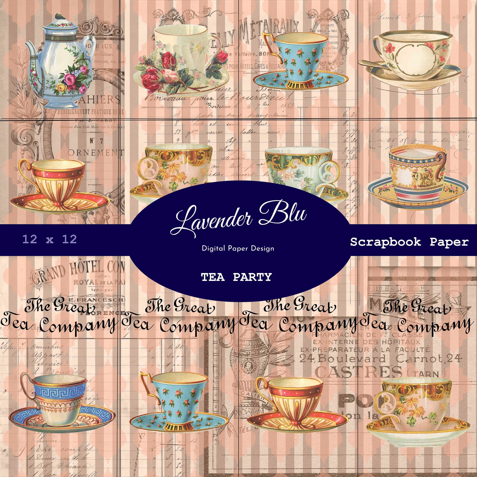 Digital Scrapbook Paper Tea Party 10 pages plus cutapart page Etsy