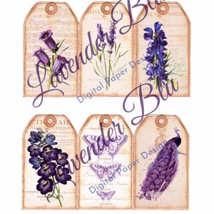 Etiquetas púrpuras, Diario de basura, Efemera, Vintage, Lavanda Blu, Imprimible, Papel, Kit, Descargar