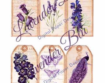 May include: Set of six vintage-style gift tags with a purple and brown color scheme. The tags feature images of lavender, butterflies, a peacock, and floral designs. The tags have a distressed look and are perfect for adding a touch of vintage charm to your gifts.