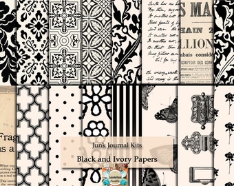 Junk Journal Kit, Ivory and Black Papers, Vintage Junk Journal Pages, Digital paper kit