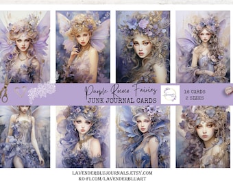 May include: Purple Rococo Fairies Junk Journal Cards, a set of 16 cards in two sizes, featuring illustrations of fairies with purple flowers and wings. The cards are perfect for adding a touch of whimsy to your journal.