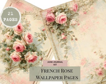 French Rose Wallpaper Junk Journal Kit | Vintage Shabby Chic Digital Pages (21 Pages)