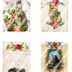 Vintage Cats Printable Addon Journal Cards, Envelope and Paper Bags. Printable Digital Paper image 1