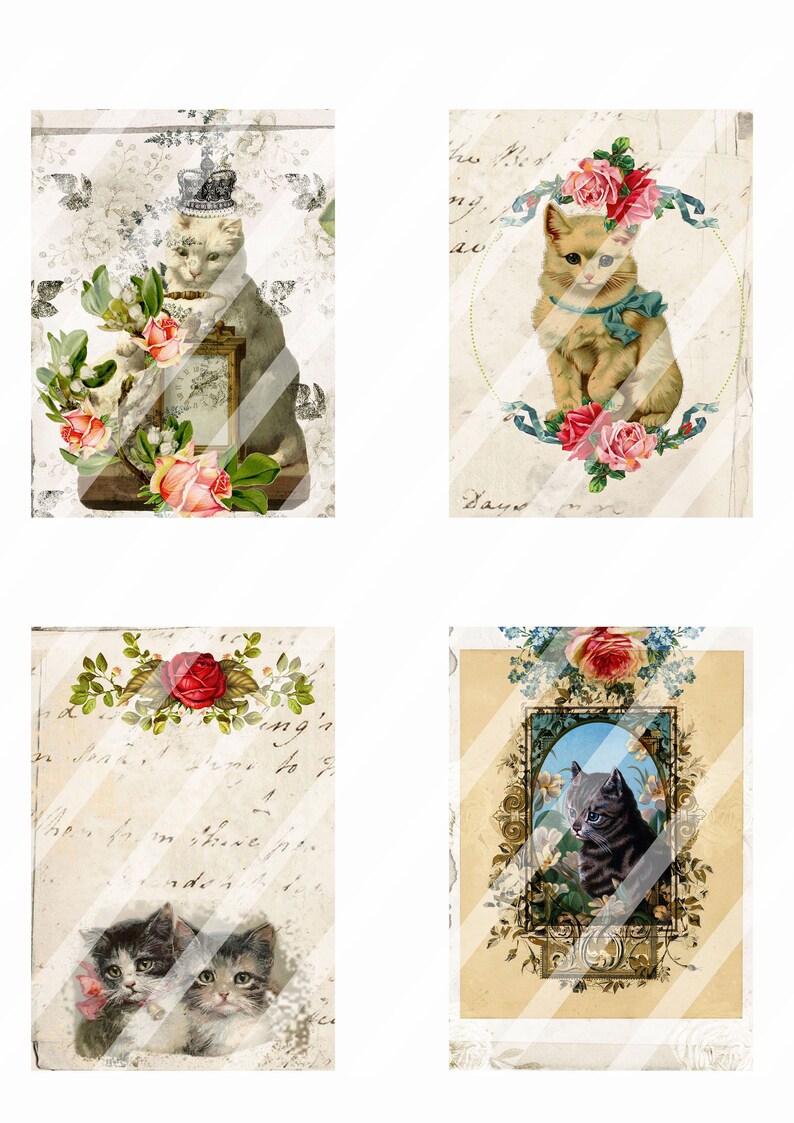 Vintage Cats Printable Addon Journal Cards, Envelope and Paper Bags. Printable Digital Paper image 1