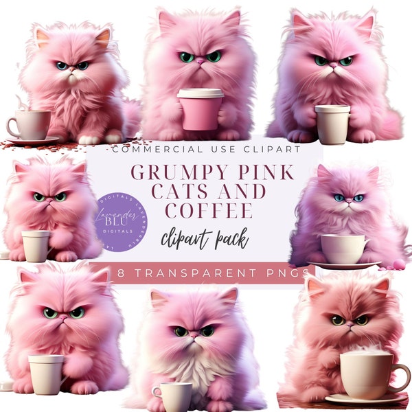Clipart Bundle, Grumpy Pink Cats and Coffee, PNG Clipart, 8 Digital Images