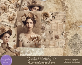 Junk Journal Kit, Neutrals and Sepia, Vintage Women, Digital Kit, Vintage Pages, Ephemera