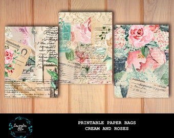 Printable Journal Ephemera, Printable Paper Bags, Junk Journal, Digital Paper, Scrapbook Shabby, Cream and Roses