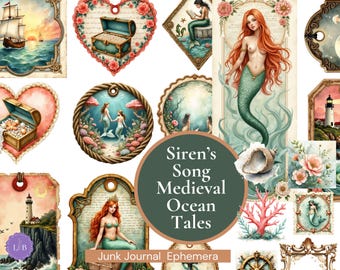 Junk Journal Kit: Mermaid, Ocean, Medieval Ephemera | Printable Tags, Labels (Instant Download)