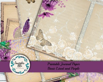 Junk Journal Kit, Printable Journal Pages, purple, Lined Paper