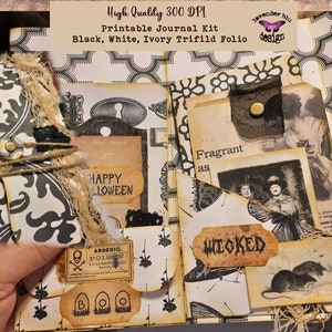 Journal Kit, Trifold Folio, Junk Journal Insert, Black, White and Ivory
