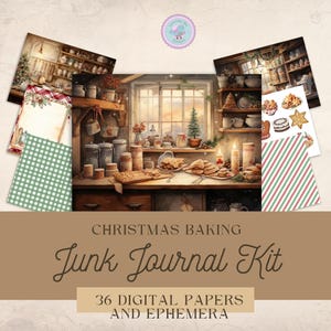 May include: A digital junk journal kit with 36 papers and ephemera featuring a vintage Christmas baking scene. The kit includes a variety of papers with different patterns, including plaid, stripes, and gingham. There are also several images of Christmas cookies, gingerbread, and other festive treats.
