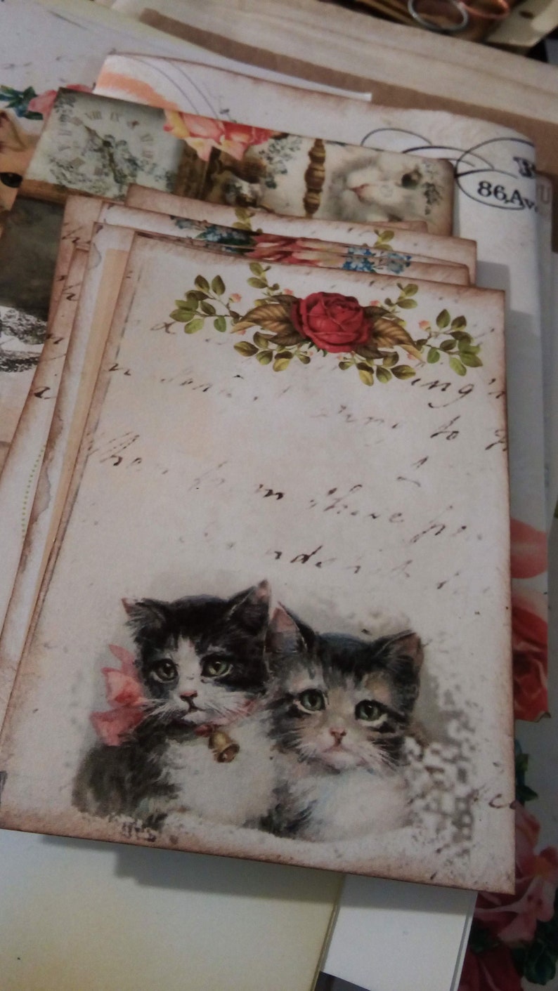 Vintage Cats Printable Addon Journal Cards, Envelope and Paper Bags. Printable Digital Paper image 5