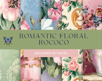 Könnte beinhalten: Ein digitales Papierpaket mit 20 Seiten romantischer Blumenmuster im Rokoko-Stil. Die Designs zeigen rosa, weiße und grüne Blumen, verzierte goldene Akzente und ein zartes Spitzenmuster. Der Text "Romantic Floral Rococo" und "Includes 20 Pages" ist auf dem Bild zu sehen.
