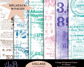 Printable Collage Papers Megapack | 36 pages collage background papers | 6 colours | Scrapbook | Junk Journal Pages