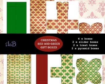 Printable Christmas Gift Boxes, 6 Red and Green Treat Box Templates, Digital Download