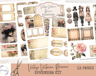May include: Vintage Victorian Romance ephemera kit with 13 pages of printable digital paper, frames, and embellishments. The kit features a romantic theme with roses, lace, and vintage illustrations.