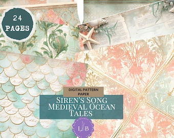 Siren's Song Medieval Ocean Digital Papers, Mermaid Scales, Nautical Junk Journal (Instant Download)