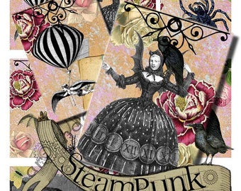 Digital Collage Sheet Steampunk Journaling Cards, Tags, Ephemera