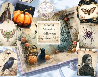 Moonlit Victorian Halloween Junk Journal Kit, Vintage Printable Ephemera & Journal Pages