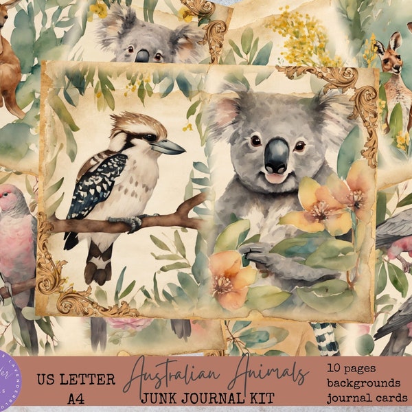 Australia flora and fauna inspired Junk Journal Kit, Oz ephemera printable kit, Paper, scrap paper pages, cards, lined paper, collage paper