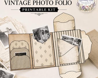 Black and White Vintage Photo Folio Kit, Printable Junk Journal Ephemera