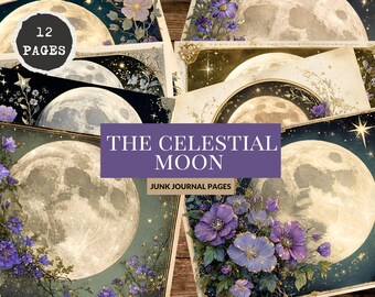 Celestial Moon Junk Journal Pages | Purple Floral Horizontal Printable (Digital Download)