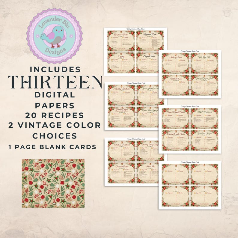 Christmas Recipes Junk Journal Kit - Printable Recipe Cards for Holiday Crafting - Digital Download Supplies