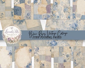 Blue Rose Collage Papers & Printable Ephemera, Shabby Chic Junk Journal Kit, Tall Skinny Journal Pages, Digital Download