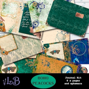 Kit de diario imprimible, diario basura, Scrapbooking Boho Peacocks. Collage, artesanía en papel.