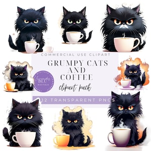 Hilarious Grumpy Cat Clipart Collection - Art numérique pour tasses, t-shirts et imprimables - Un incontournable pour les amoureux des chats et des amateurs de café