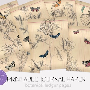 Junk Journal Paper, Vintage Botanical Ledger Paper, Digital Junk Journal Kit