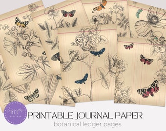 Vintage Botanical Junk Journal Paper: Ledger Ephemera (Digital Download)