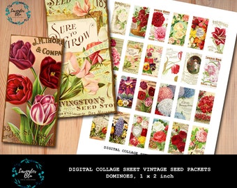 Digital Printable Collage Sheet Vintage Seed Packets Domino Size Junk Journal Scrapbooking
