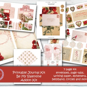 Puede incluir: Kit de diario imprimible con temática de San Valentín. El kit incluye sobres, papel para escribir, pestañas para páginas, efímeras, una banda para el vientre, círculos y más. El diseño presenta rosas rojas, corazones y el texto "Be My Valentine".