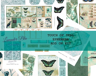 Teal Junk Journal Ephemera Kit: Pockets, Tags, Cards (Digital Download)