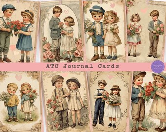 May include: Eight vintage-style illustrations of children holding flowers. The illustrations are in a romantic style with soft colors and delicate details. The illustrations are perfect for scrapbooking, card making, or other paper crafts.