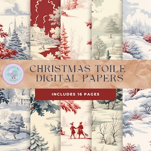 May include: A set of 16 digital papers featuring a Christmas toile pattern. The papers feature a winter scene with houses, trees, and people in a snowy landscape. The papers are in a red, blue, and white color scheme.  The text "CHRISTMAS TOILE DIGITAL PAPERS" and "INCLUDES 16 PAGES" is included in the image.