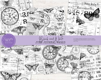 Schwarz & Weiß Junk Journal Kit: Collagen Papier zum selbst ausdrucken (Digitaler Download)
