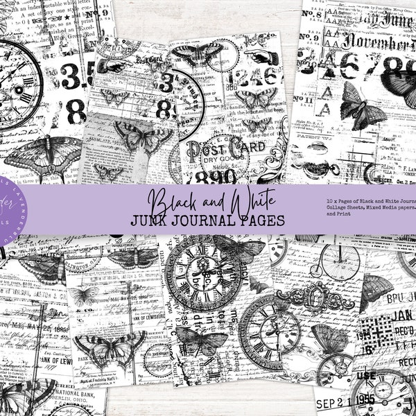 Junk Journal Kit | Black and White Junk Journal Pages | Craft Paper | Collage Paper | Printable Paper