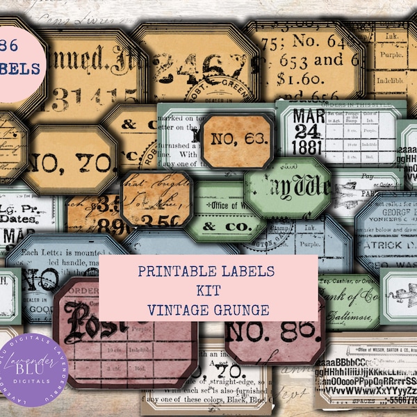 Junk Journal Kit, Printable Labels, Vintage Grunge, Digital Label Kit, Journal Embellishment