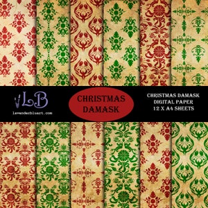 Christmas Damask Printable Scrapbook Paper Journal Pages Vintage Style