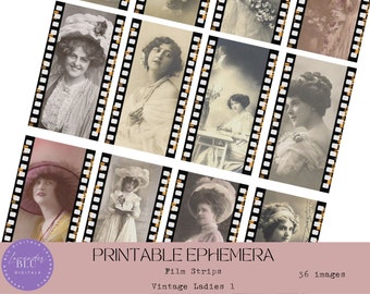 Vintage Ephemera, Vintage Ladies Film Strips 1, Vintage Photos, Printable, Junk Journal, Scrapbook